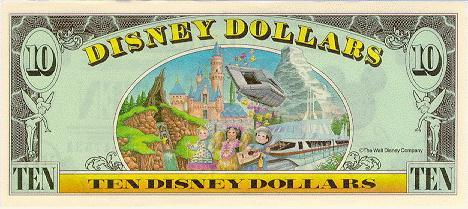 back of 10 Disney Dollar bill