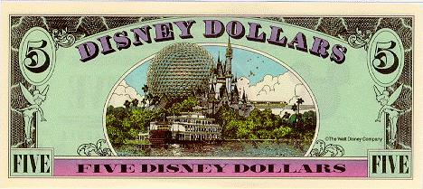 back of 5 Disney Dollar bill