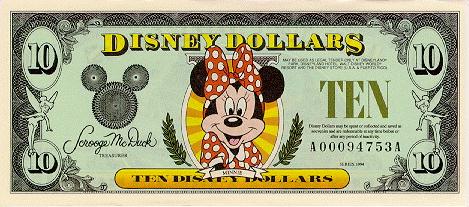 front of 10 Disney Dollar bill
