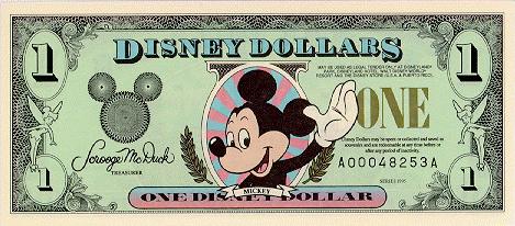 front of 1 Disney Dollar bill
